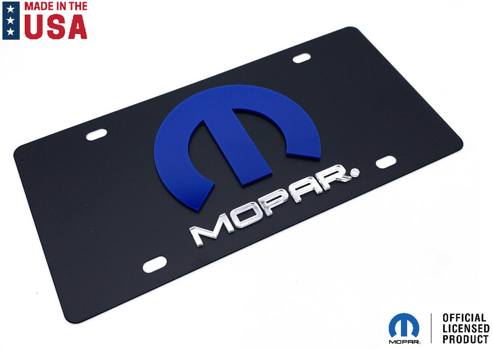 3D Premium Blue Mopar "M"  Logo & Script Emblem Black License Plate - Licensed