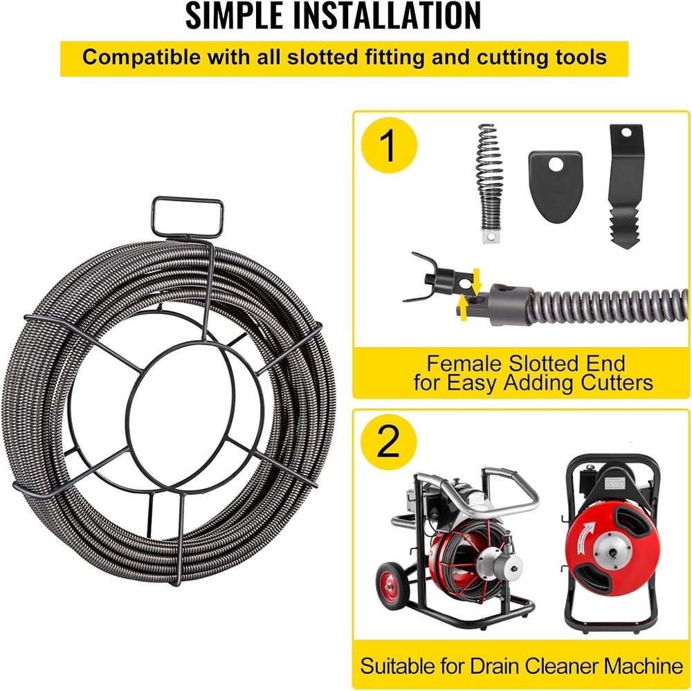 Drain Cleaning Cable 50ft x 3/8in Solid Core Sewer Drain Auger Snake