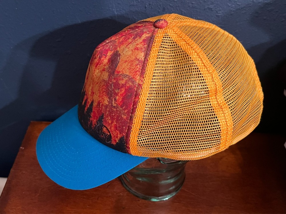 Buff Flame Forest Blue and Orange Cap Running Trucker Hat Adjustable OSFA