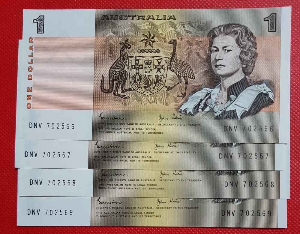1982 Australian 4 X $1 NOTE Consecutive UNCIRCULATED NOTES DNY702466 - DNY702569