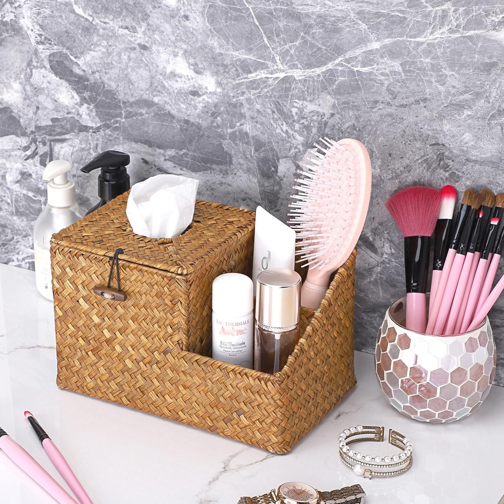 Square Woven Tissue Box Cover - Decorative Cube Tissue Box Holder with Side O...