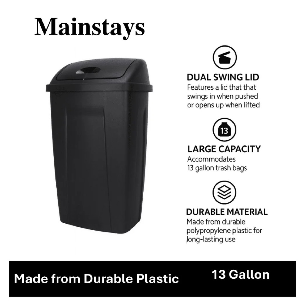 13 Gallon Kitchen Trash Can Black Swing Top Lid Plastic Garbage Bin