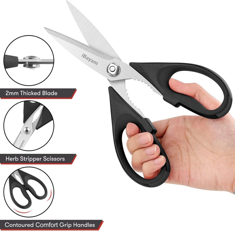 Ergonomic Black Kitchen Shears - 2-Pack Heavy Duty Meat & Poultry Scissors