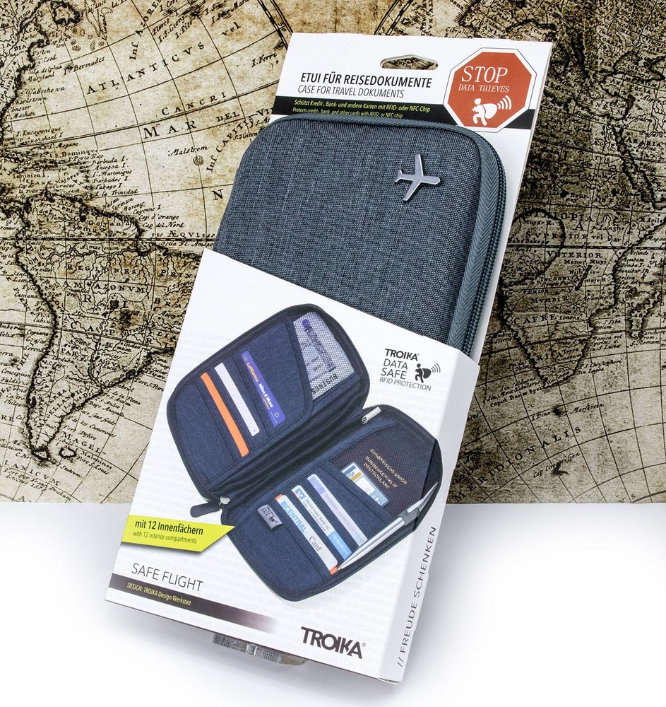 Travel Document Case with RFID Protection, 12 Compartments, Zip Closure