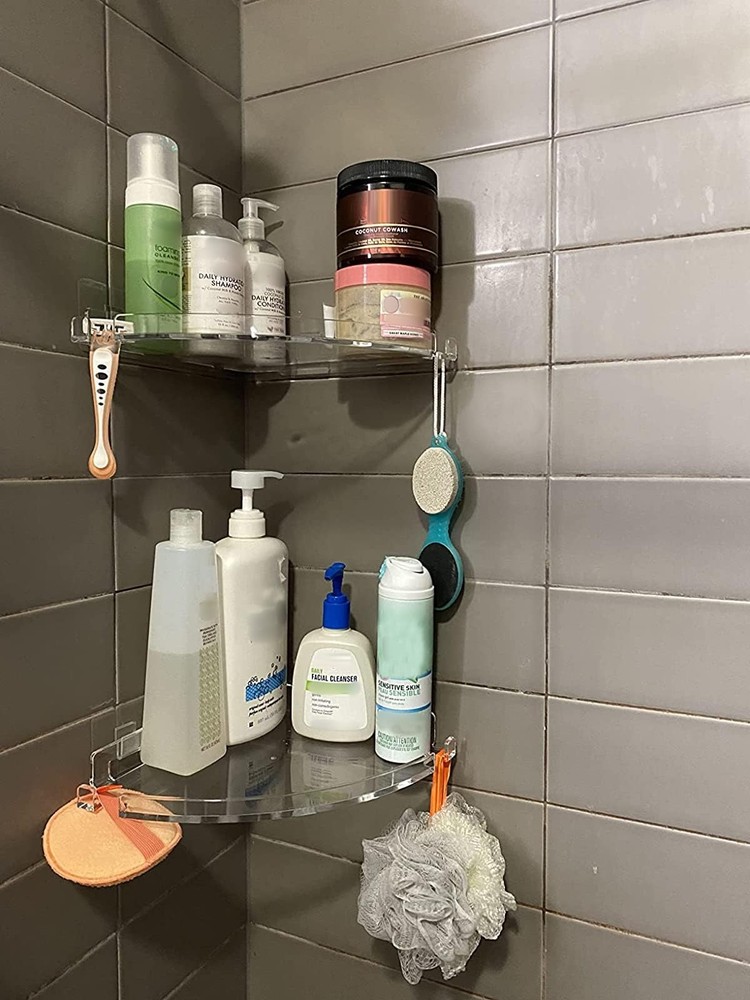Acrylic Corner Shower Caddy Shelf with Hooks 2 Pack, Adhesive Wall Mounted Ba...
