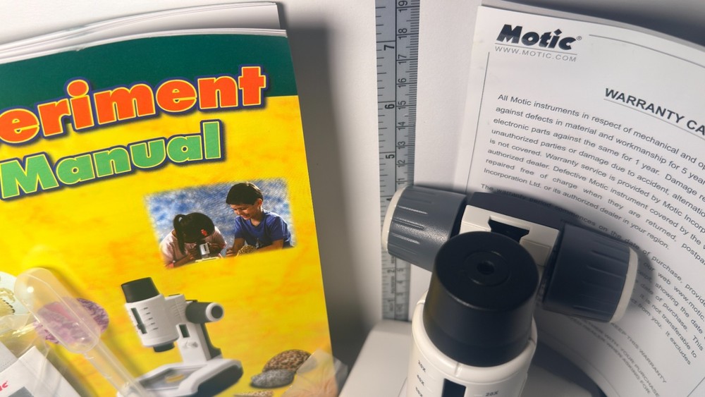 Motic LM-100 Microscope Kit WORKING w Case Sample Slides Tools Student Lab Set