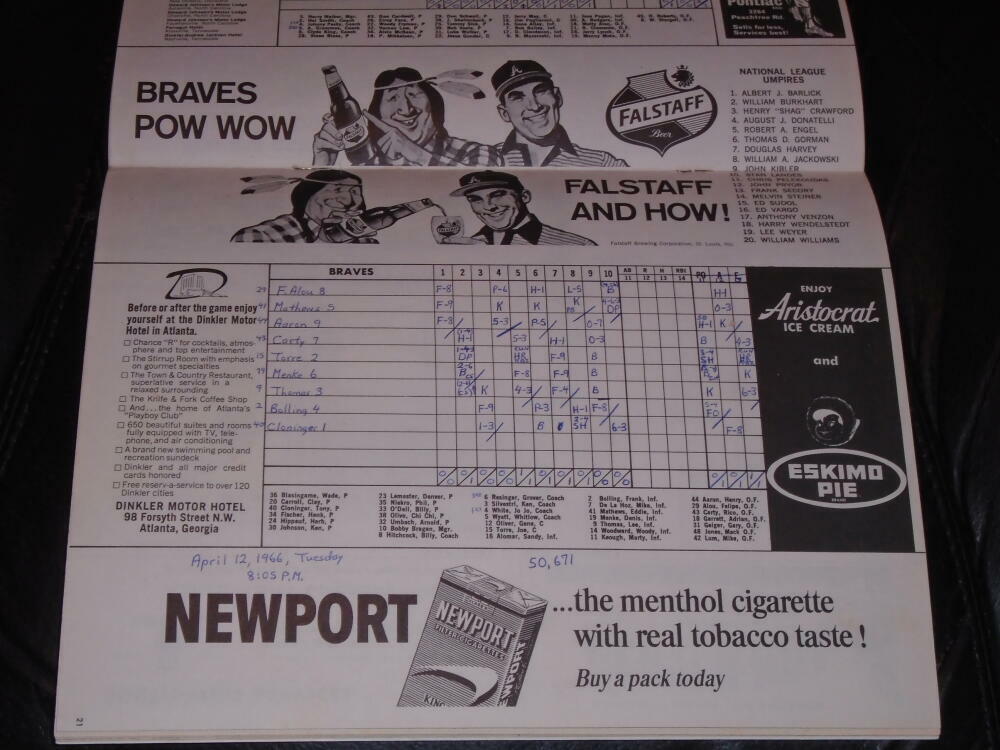 1966 ATLANTA BRAVES 1ST GAME EVER PROGRAM OPENING DAY TORRE 2 HOME RUNS