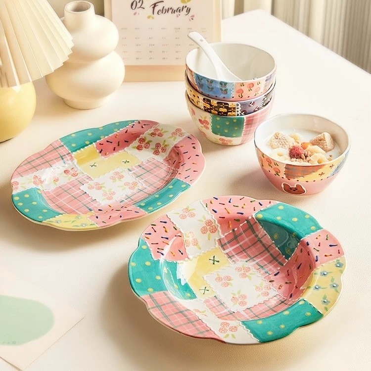 Colorful Patchwork Ceramic Dinner Plate 8.86'' Decorative Serving Dish