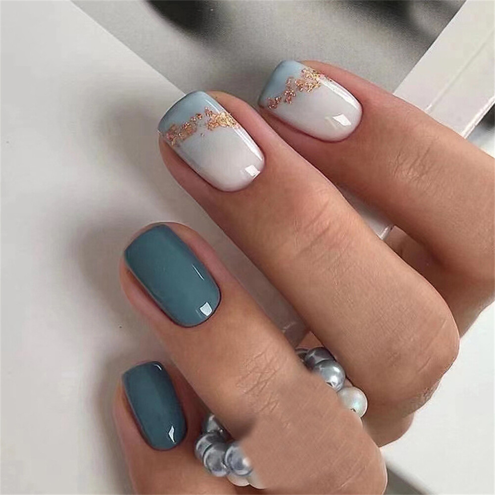 Gradient False Nail Short Square Press on Nails for Finger Nails Art 24pcs