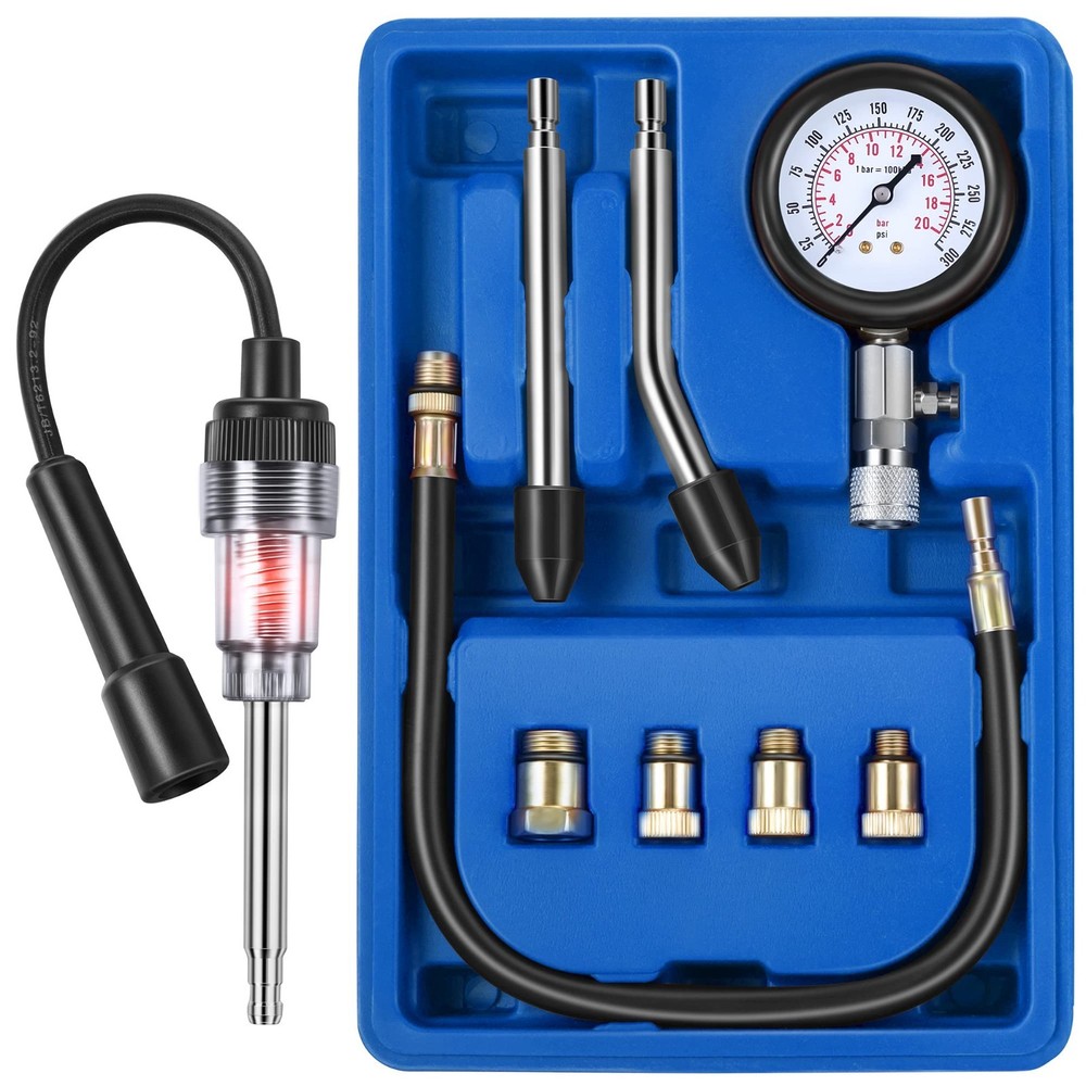 9-Piece Compression Tester Kit & Spark Plug Tester for Car & Motorcycle Engines