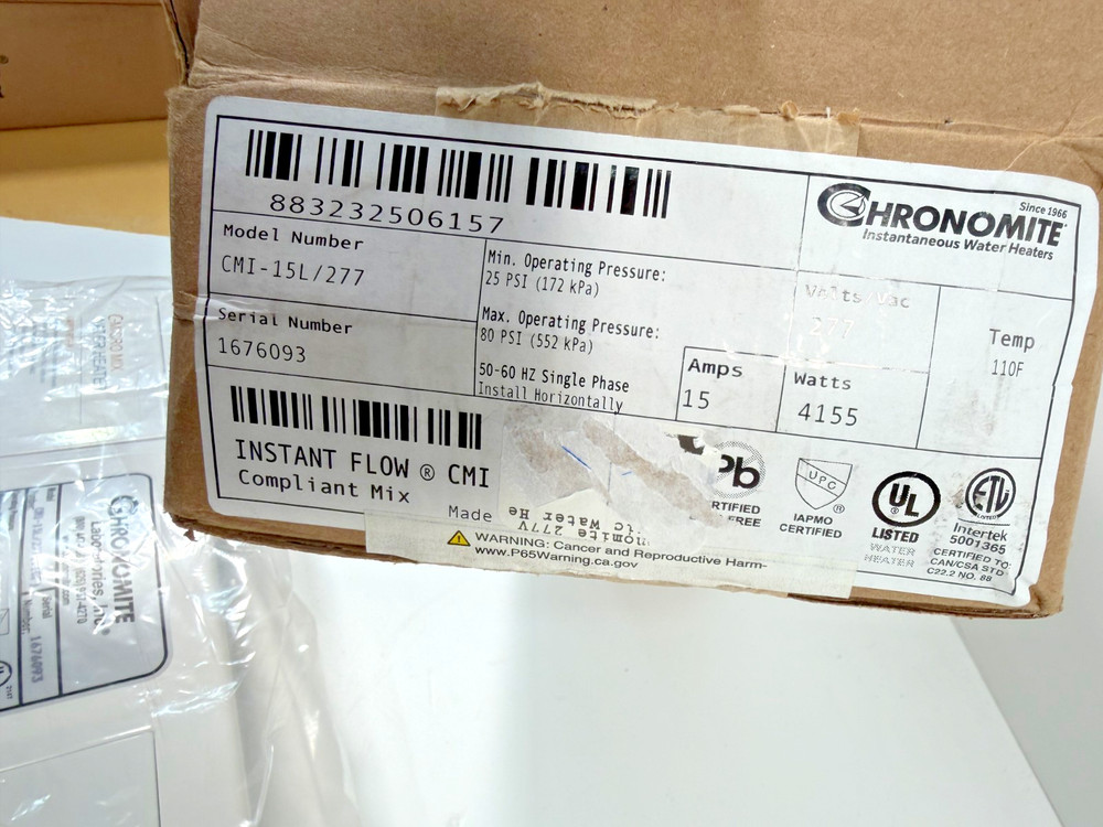 Chronomite CMI-15L/277 Instant-Flow Micro Tankless Water Heater 277V 4155W NEW