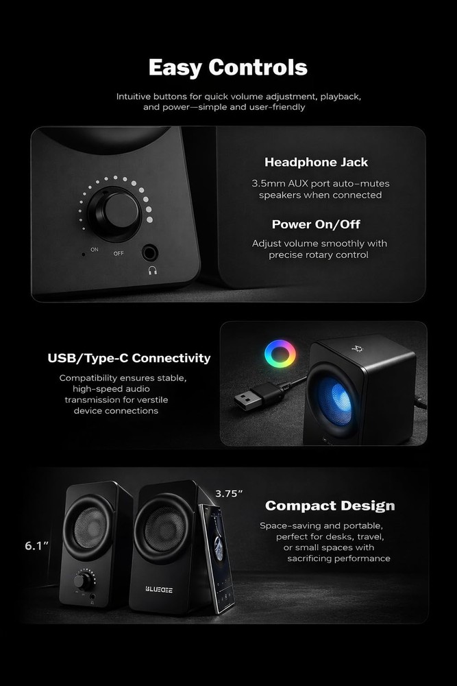 Computer Speakers for Desktop PC, Plug & Play USB Speaker with 2 Speaker Unit...