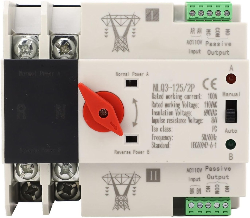 Dual Power Automatic Transfer Switch, 110V, 100A, Silver, PC, Self Throwing and