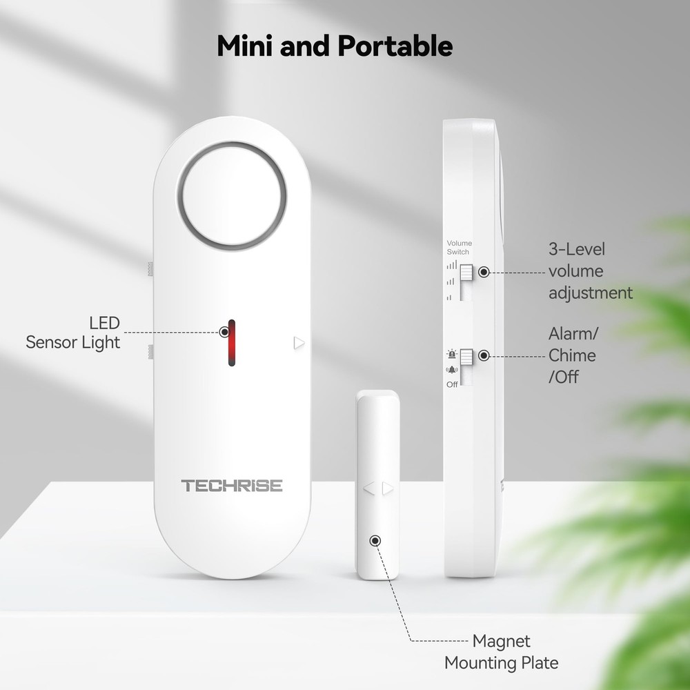 TechRise 2-in-1 Alarm & Chime, Easy-to-Install Door Sensor, White