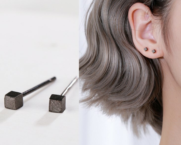 3mm Tiny Brushed Cube Square Stud Earrings 925 Sterling Silver Gift Box PE18