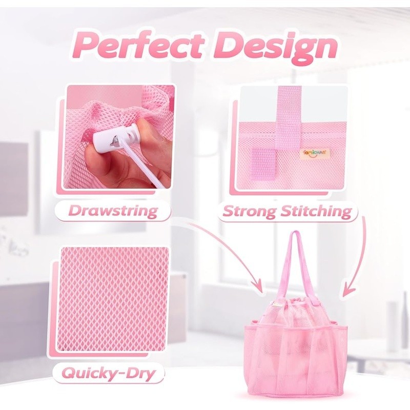 Portable Shower Caddy Drawstring Closure 8 Pockets Quick Dry Mesh Dorm Camping