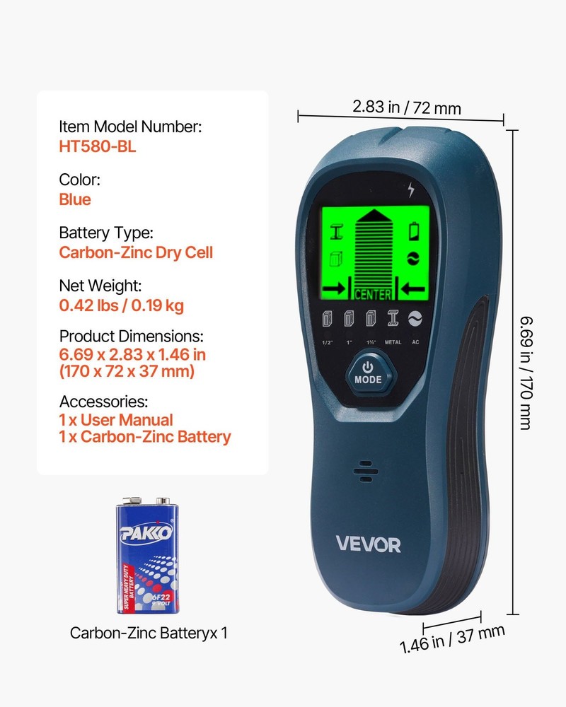 Enhanced Stud Finder 5-Mode Detection Bright LCD Audible Alert Blue Version