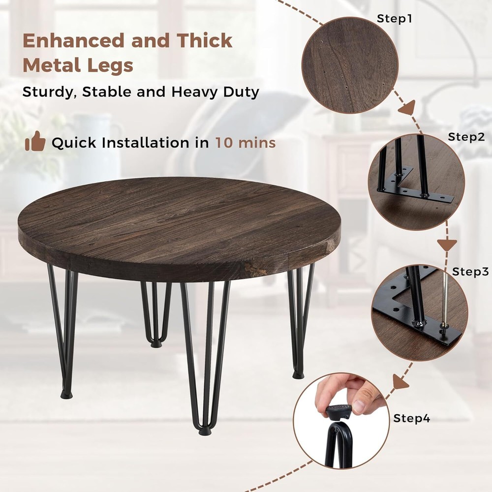 Rustic Wood Round Coffee Table with Metal Legs, Solid Elm Walnut