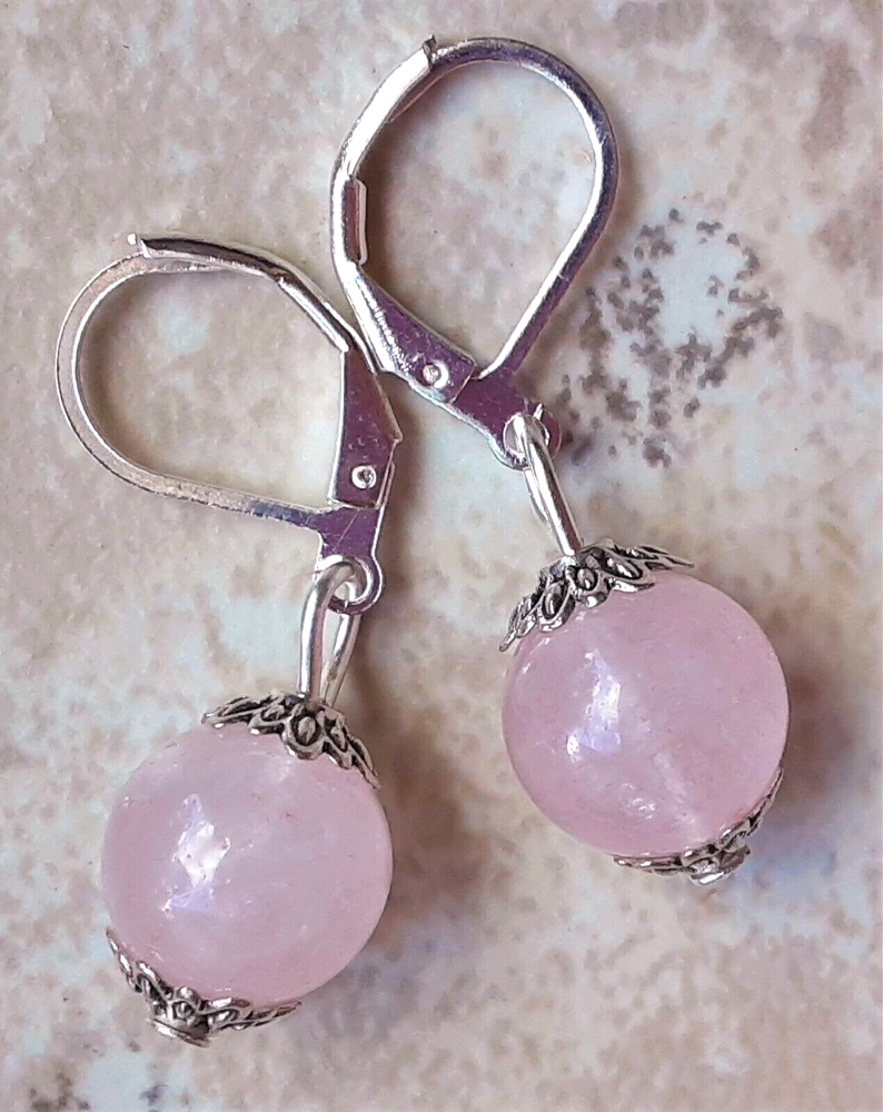 ROSE QUARTZ round simple drop earring SP LEVERBACK HANDCRAFTED WPQ18