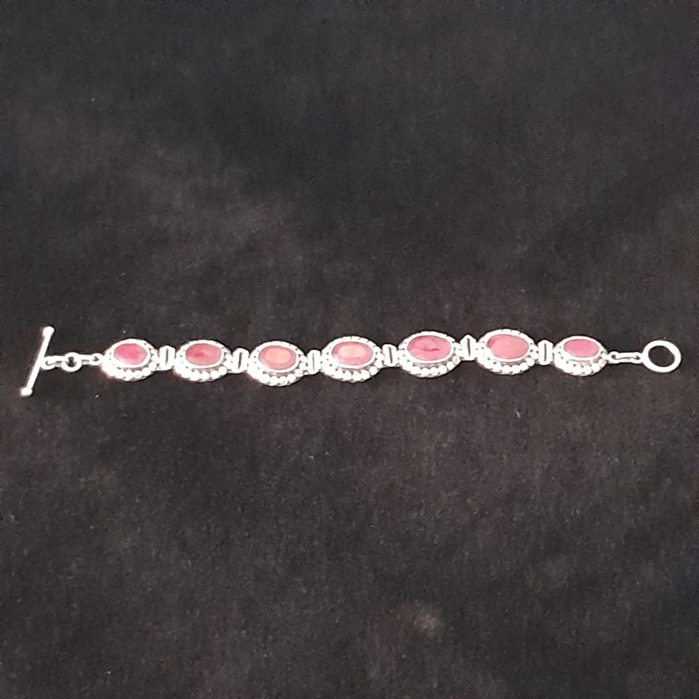 925 Sterling Silver Red Ruby Oval Faceted Panel Link Bracelet Toggle