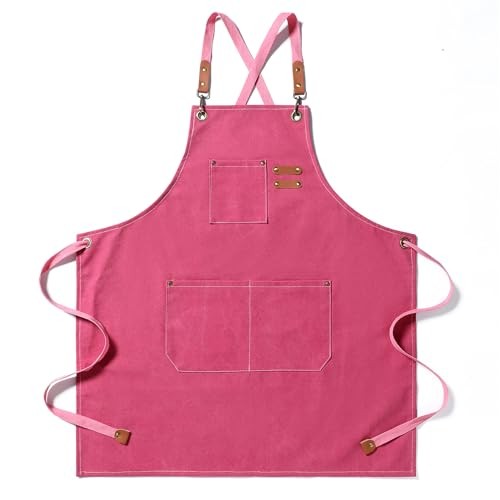 Chef Apron Medium-Thick Cotton Canvas,Cross Back with Multiple Pockets Pink