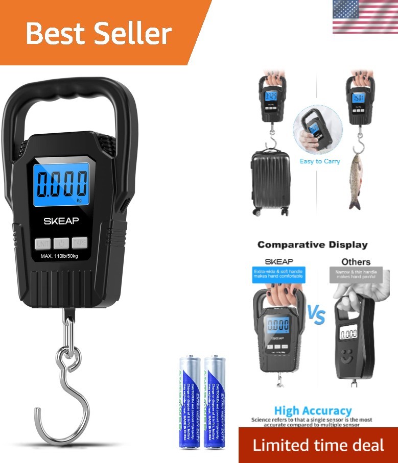 Precision Digital Fish Scale & Luggage Scale with Backlit LCD, 110lb Capacity