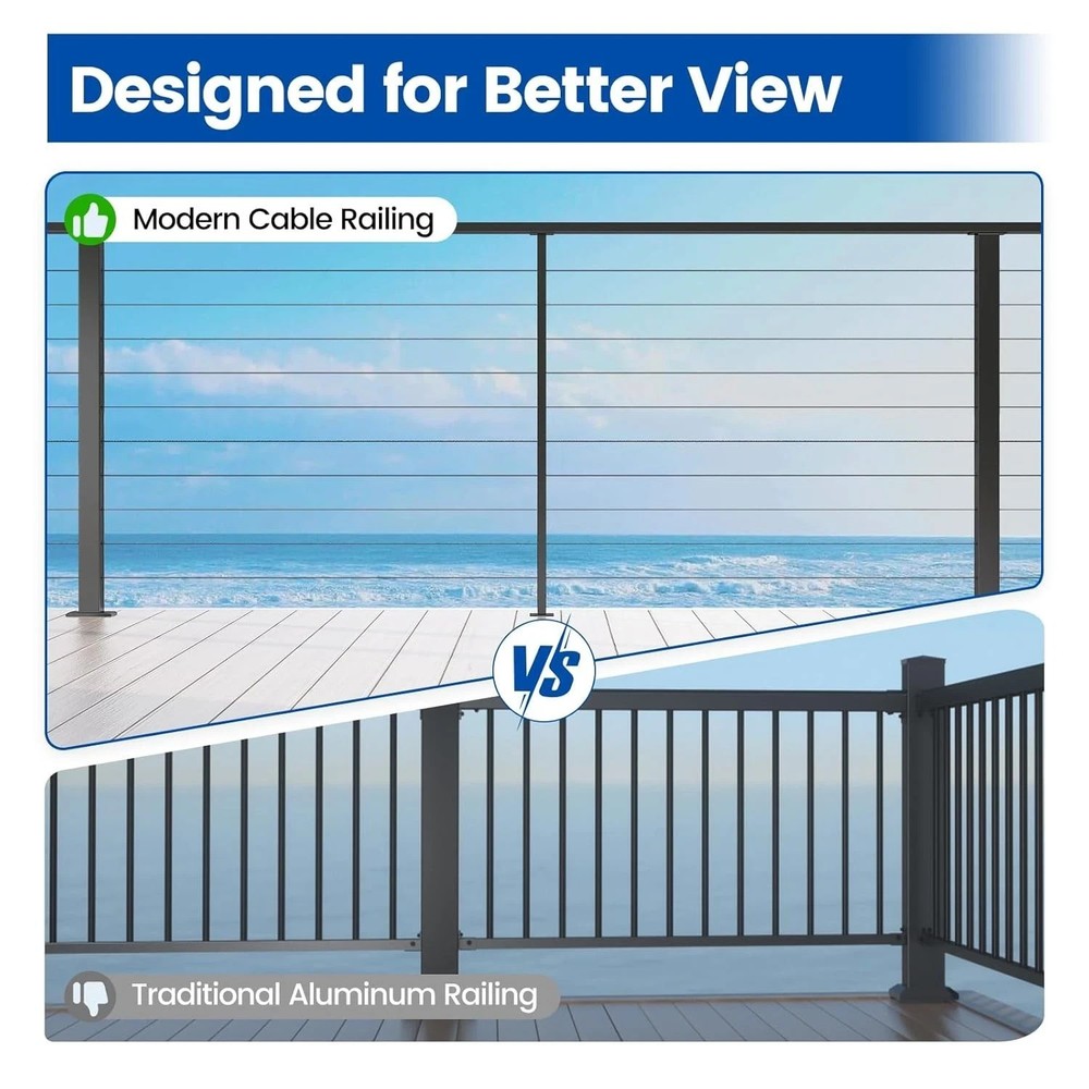 Black Aluminum Intermediate Cable Railing Post 36" Surface Mount w/ Flat Bracket