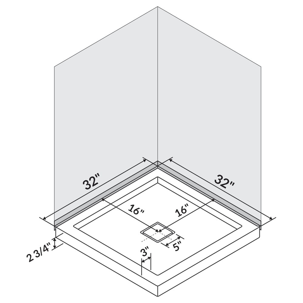 32"x32" Shower Base Pan Right Double Threshold Wall Corner Center Drain LessCare