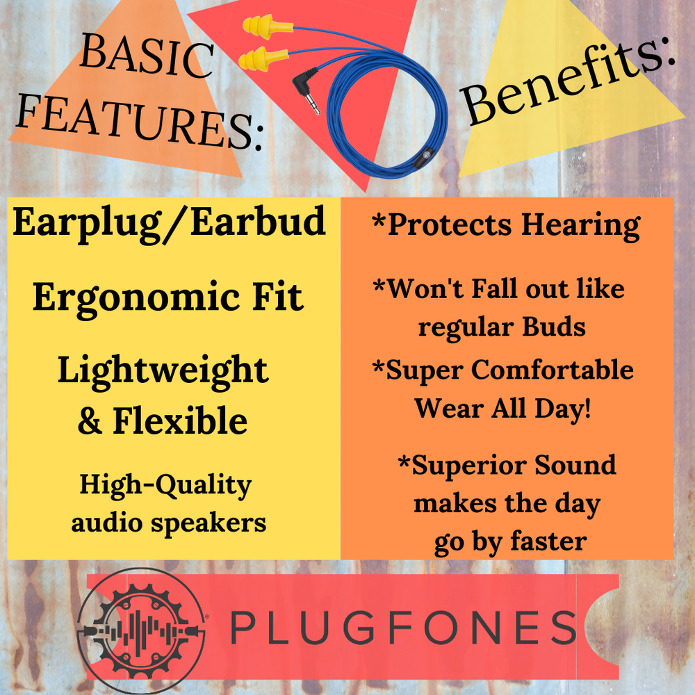 Plugfones Basic Earbuds. Safety Earbuds that don't fall out at last! Blue/Yellow