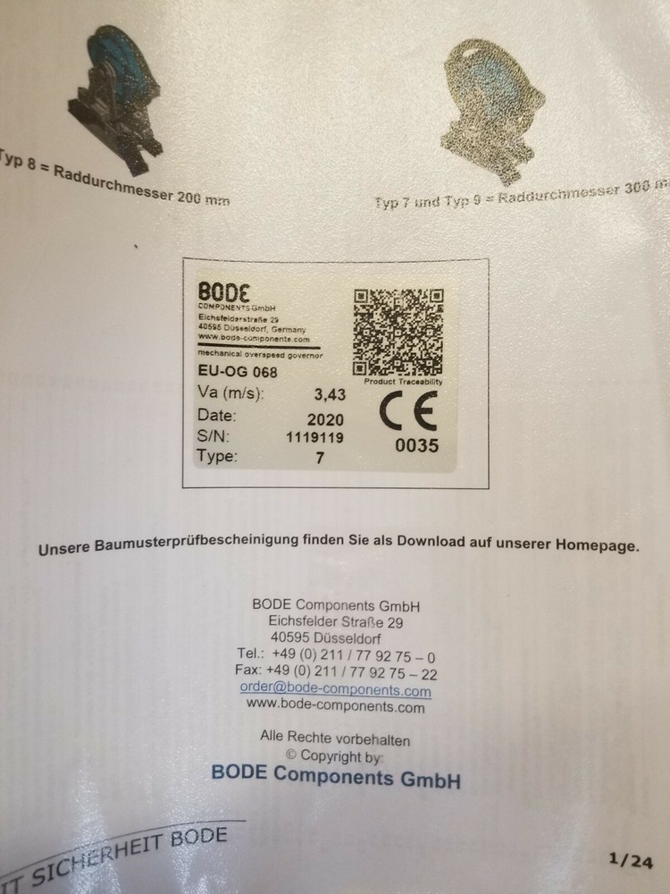 BODE Elevator Overspeed Governor - Type 7 - EU-OG 068 NEW