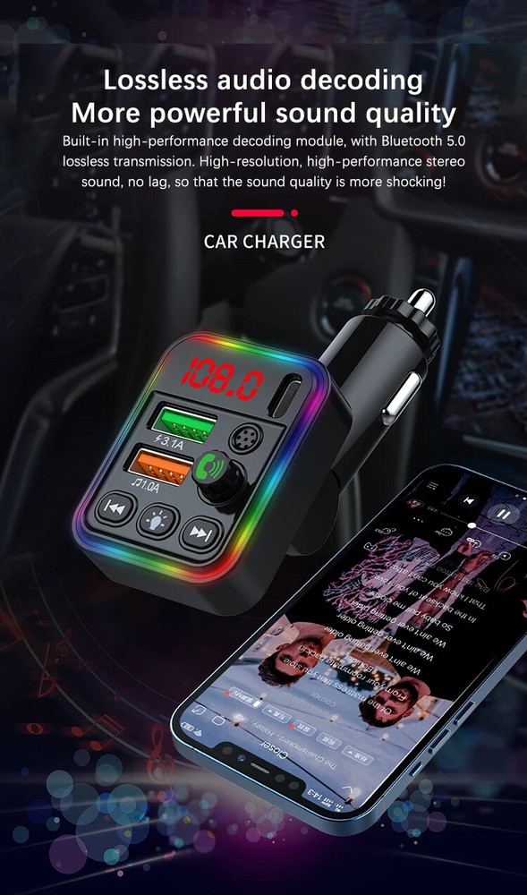Car Wireless Bluetooth 5.3 FM Transmitter MP3 Player USB Fast Charger Adapter