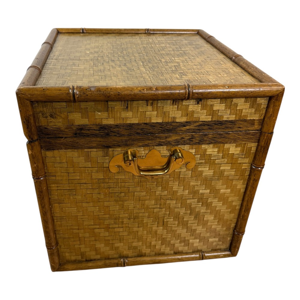 Vintage Bamboo Lidded Chest  Trunk Hamper Herringbone Woven Wicker