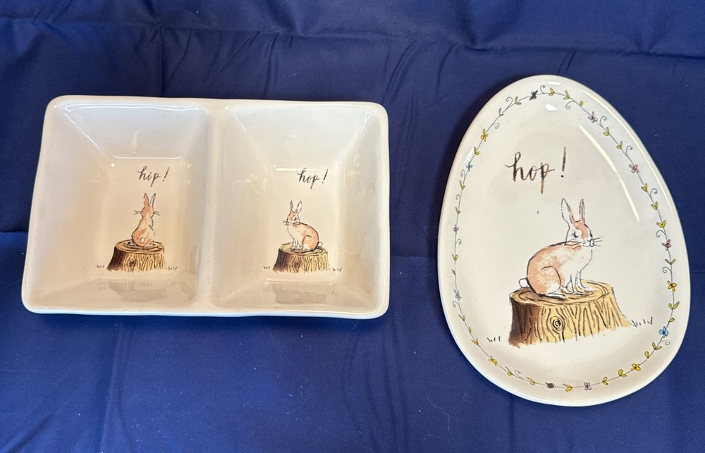 Rae Dunn Easter Hip Hop Easter Bunny Split Dish & Small Platter Magenta