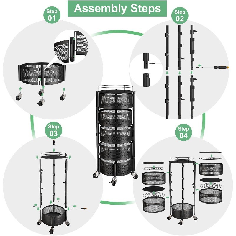Fruit Vegetable Basket for Kitchen, Rotating Storage Rack, 5 Tier Rolling Cart