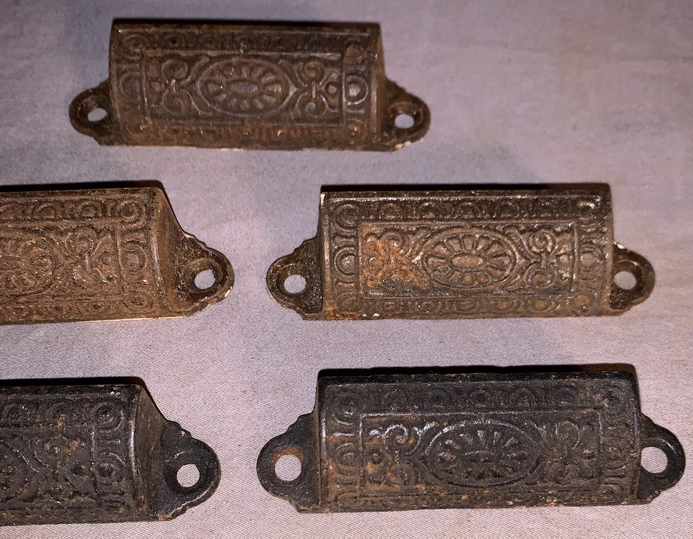 Great Set 5 Antique Cast Iron Bin Cabinet Pulls