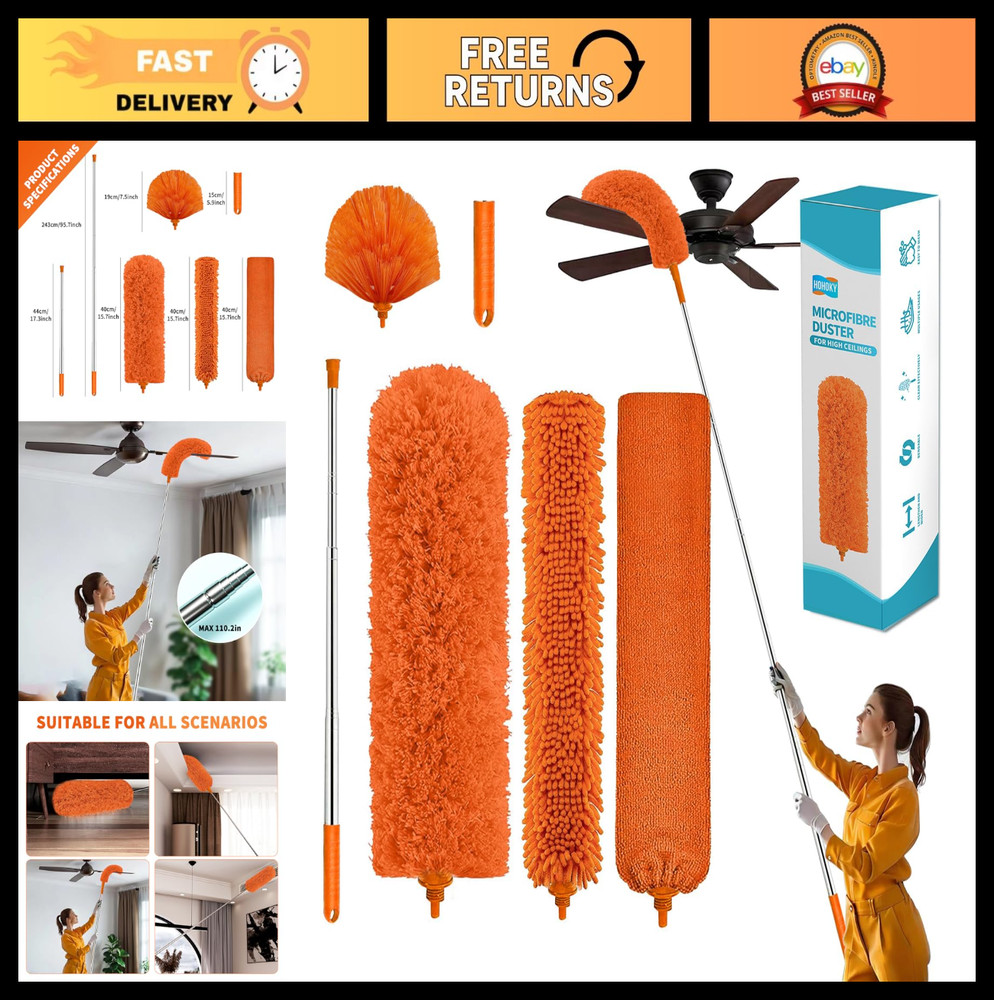 Telescoping Cobweb Duster with 110" Extension Pole, Microfiber Dusting Kit for H