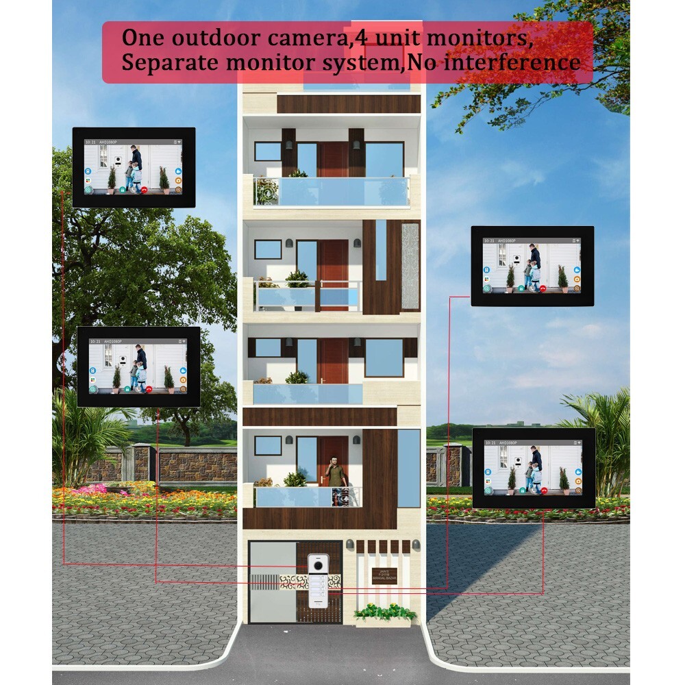 7 Inch 4 Unit Video Intercom System for Apartment, Wired Cable & Touch Screen