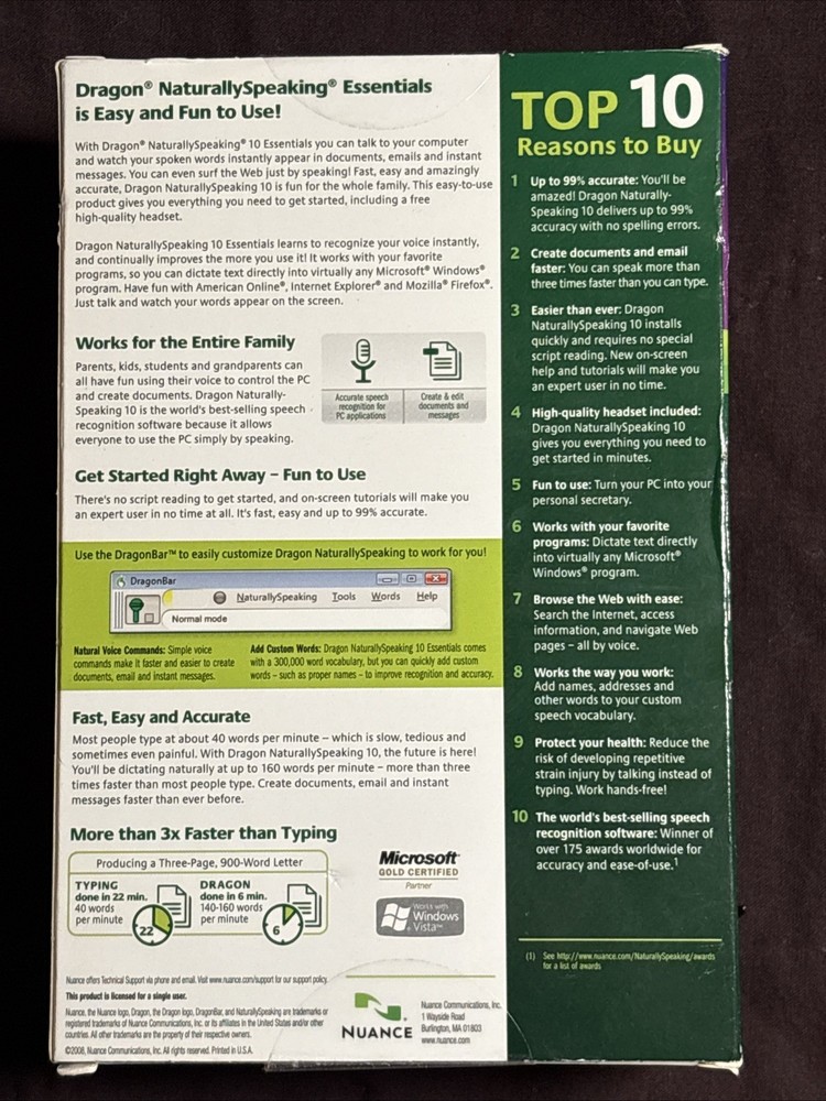 Dragon Naturally Speaking 10 Standard Speech Recognition Software (PC) SEALED