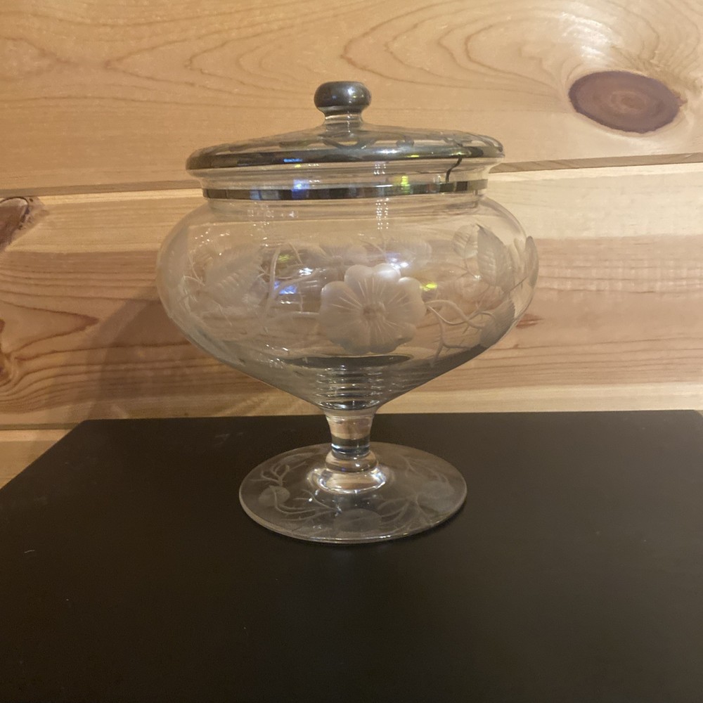 Etched Glass Compote With Silver Overlay Beautiful!