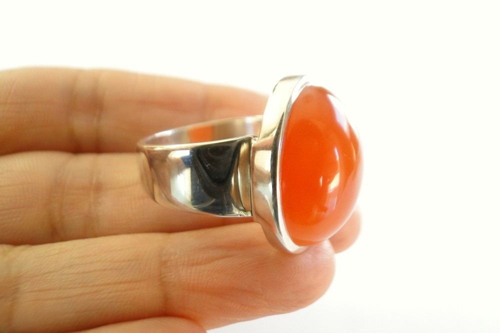 Oval Orange Carnelian Button 925 Sterling Silver Ring Size 9.5