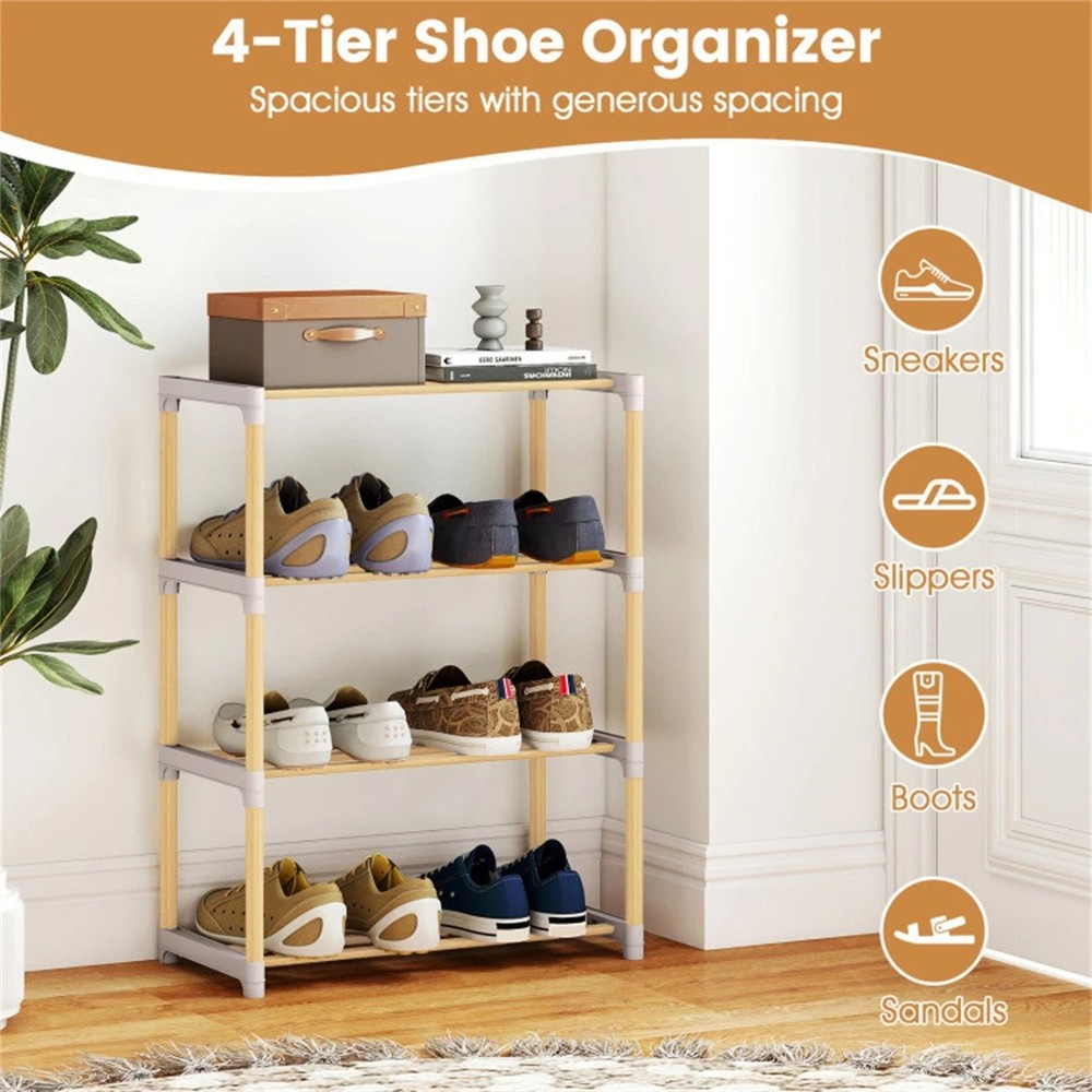 4-Tier Solid Pine Wood Shoe Rack Stackable Design Ventilated Slatted Shelves