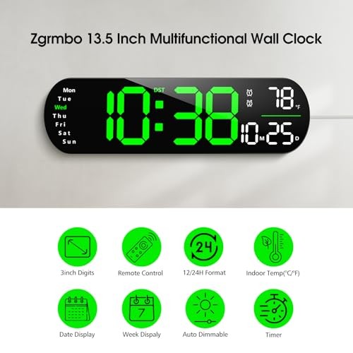 Digital Wall Clock, 13" Large Display Digital Clock with Remote Control, Green