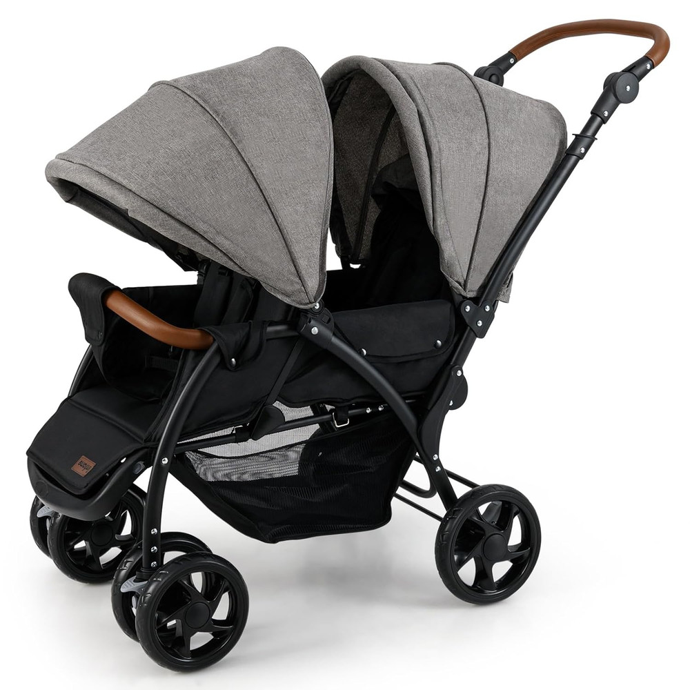Compact Double Stroller with Adjustable Canopy, Harness & Storage Basket