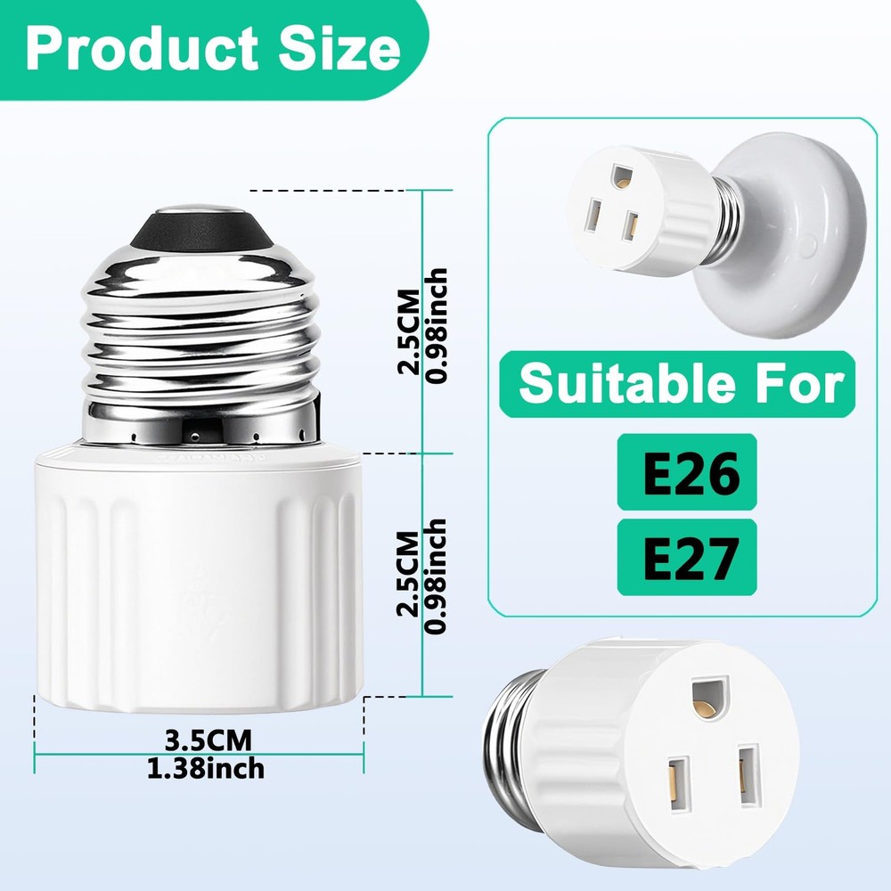 3 Packs Light Socket Plug Adapter,3 Prong to White