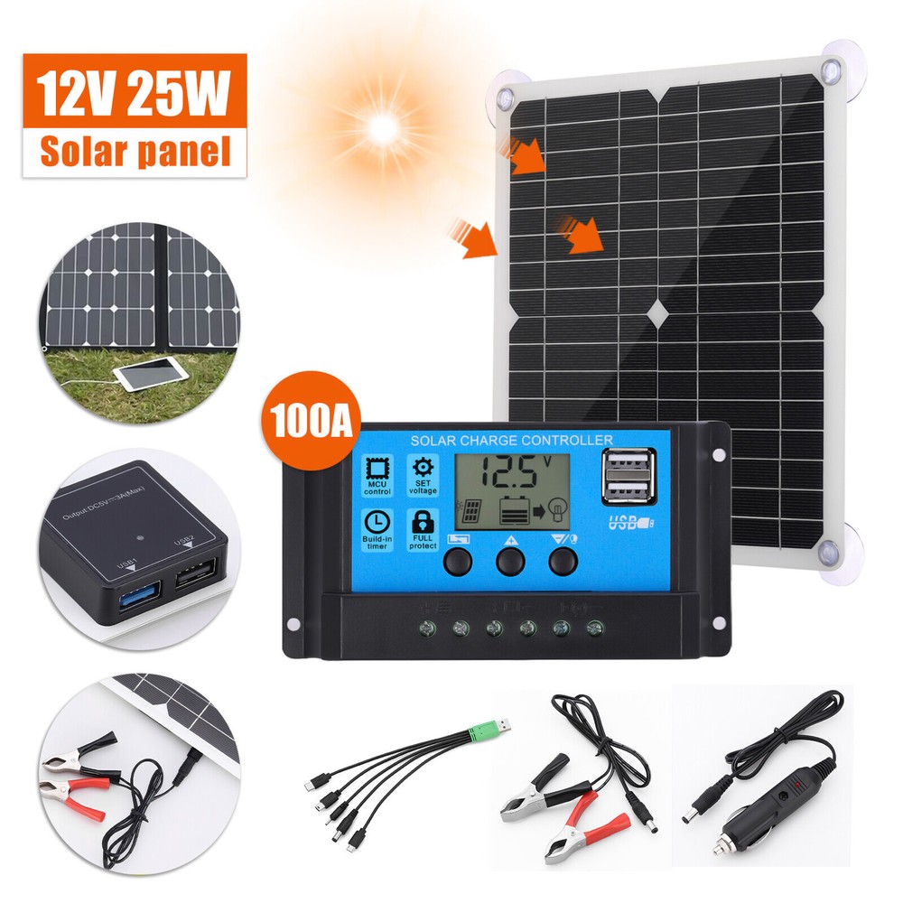 25W Solar Panel Kit 100A 12/24V Battery Charger with Controller Caravan Boat US