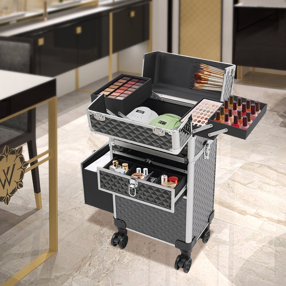 Professional Rolling Makeup Train Case, Multi-functional Cosmetic Trolley, Large