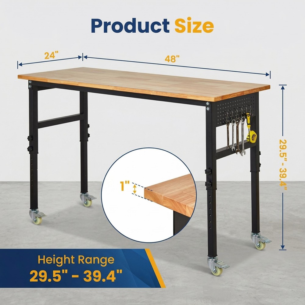 Adjustable Height Workbench 48"x24" Work Bench Table 2000Lbs with Pegboard Hooks