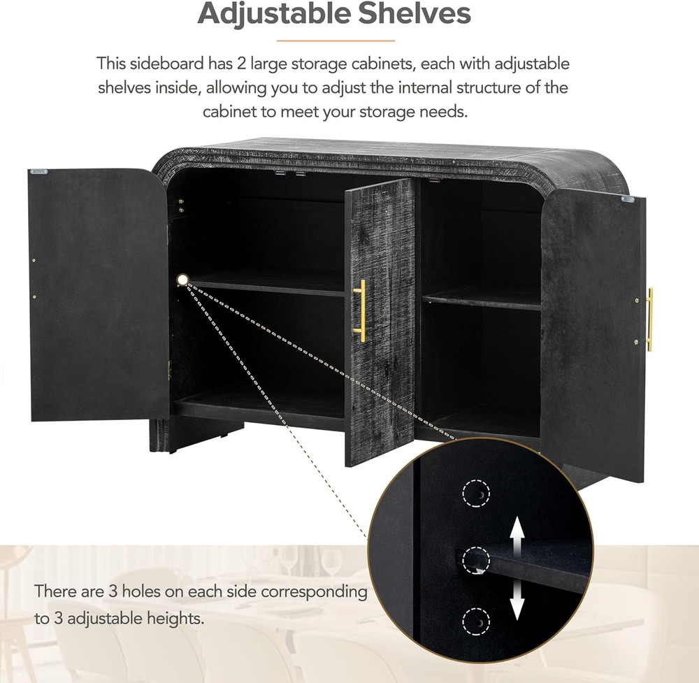 Rustic Buffet Sideboard with Gold Handles, Adjustable Dividers, Antique Black