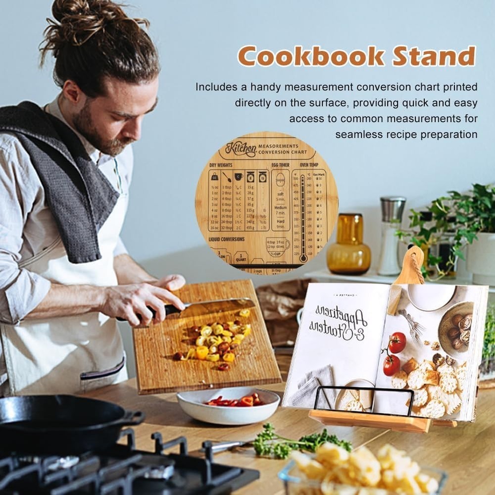 Rustic Wooden Cookbook Stand with Measurement Chart - Space-Saving & Adjustable