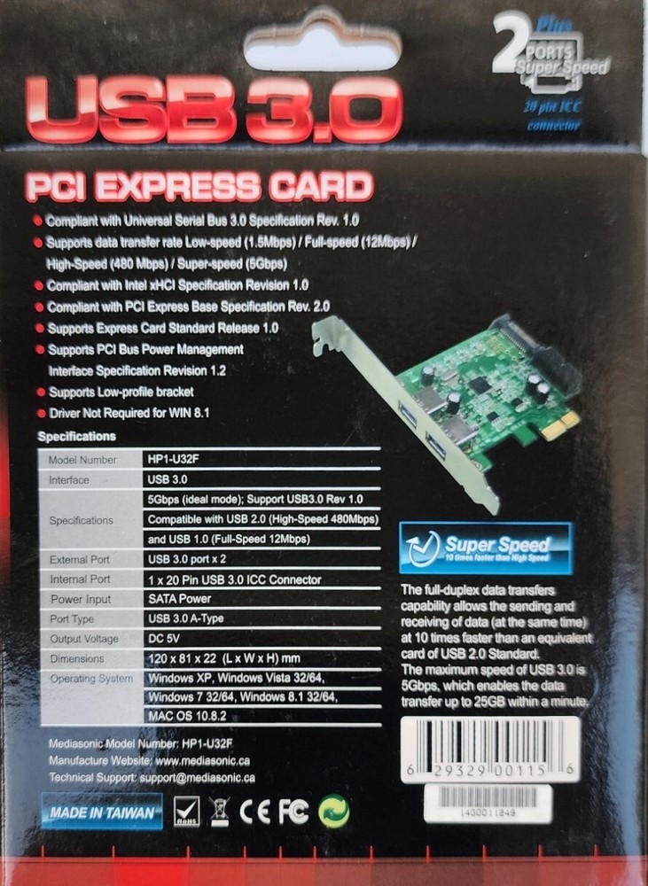 Mediasonic 2 port USB 3.0 pci-e add-on controller Full-height